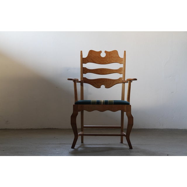 1960s Vintage Brutalist Oak Razorblade Green Striped Armchair by H. Kjærnulf, 1960s For Sale - Image 5 of 14