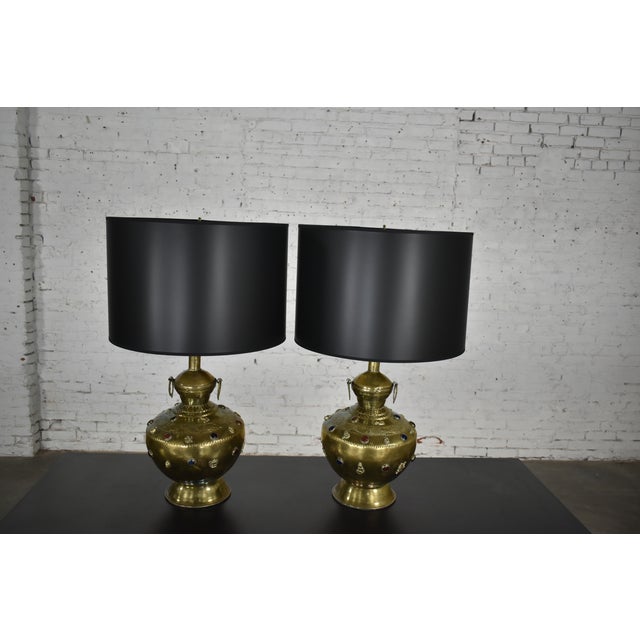 Mid 20th Century Tibetan Brass Lamps Hand Hammered With Glass Jewel Detail & New Black Shades, a Pair For Sale - Image 14 of 14