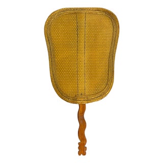 Vintage Woven Rattan Hand Fan With Carved Wooden Handle For Sale