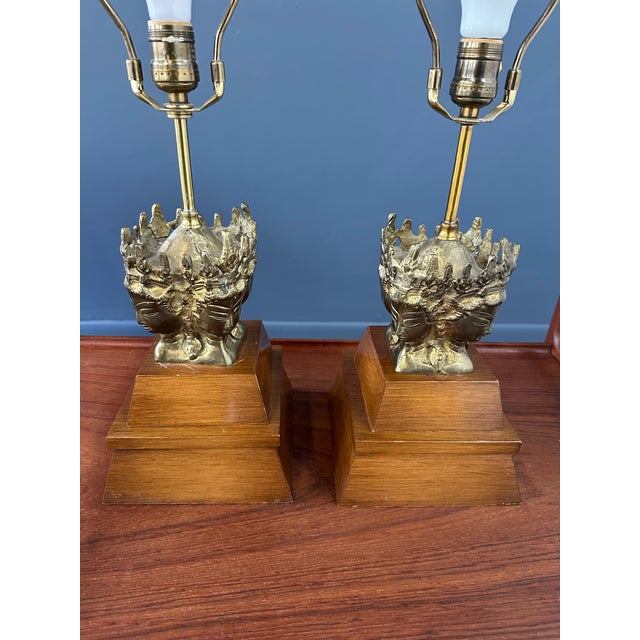 The Marbro Lamp Company Pair of 1970s Marbro Asian Influenced Brass and Mahogany Table Lamps For Sale - Image 4 of 12