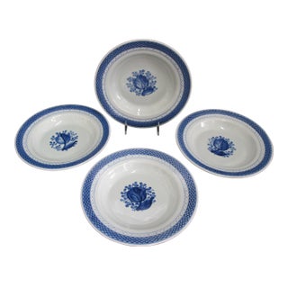 Royal Copenhagen 950 Aluminia Faience Tranquebar Blue 10" Soup Bowl 4pc Set For Sale