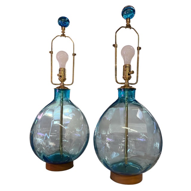 Pair of Arteriors Cerulean Blue Glass Tables Lamps.