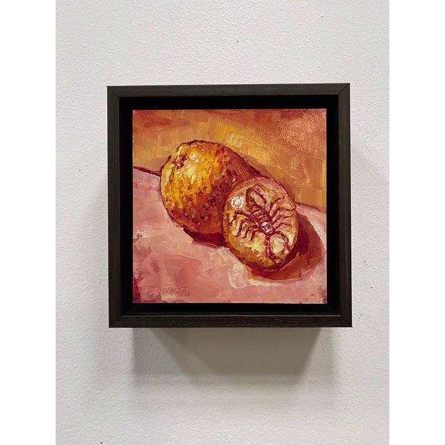 This oil on board piece features a striking composition of two oranges alongside a scorpion, all rendered in a rich...