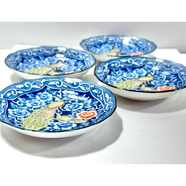 Blue 1970s Japanese Peacock Blue Floral Dessert Plates – Chinoiserie Style – Set of 4 For Sale - Image 8 of 10