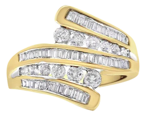10K Yellow Gold 1 Cttw Round and Baguette-Cut Diamond Multi Row Bypass Ring Band, Size 7