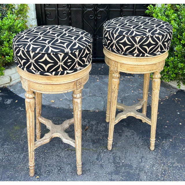 Pair of Maison Jansen Louis XVI style Swivel Bar Stool w Scalamandre Seats