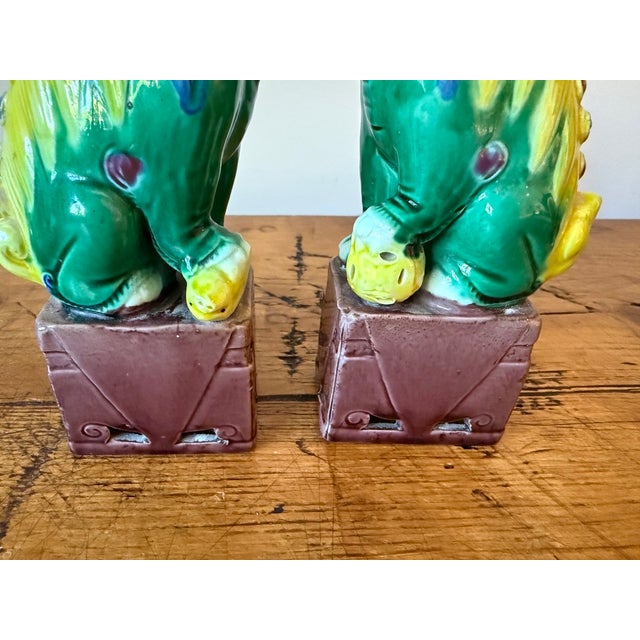 Pair of Vintage Colorful Small Chinese Porcelain Foo Dogs For Sale In Portland, OR - Image 6 of 9