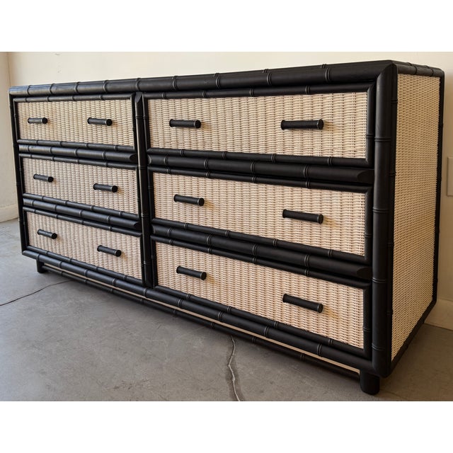 Mid-Century Modern Faux Bamboo & Rattan British Colonial Style 6 Drawer Double Dresser For Sale - Image 3 of 9