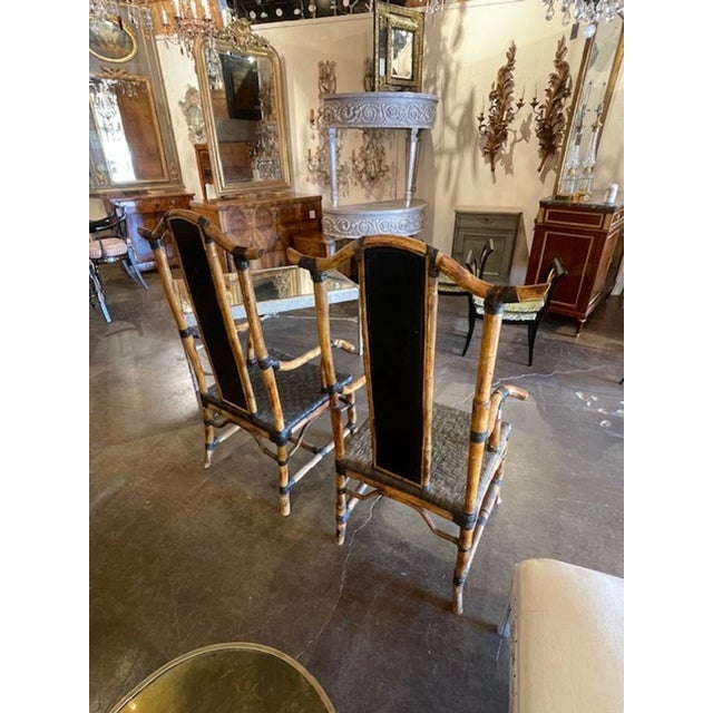 Wood Pair of English Bamboo and Chinoiserie High Back Chairs For Sale - Image 7 of 9