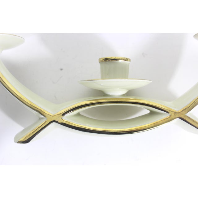 Mid Century Modern Cream and Gold Ceramic Candelabra Three Arm Candleholder Bavaria Gerold Porzellan For Sale - Image 10 of 11
