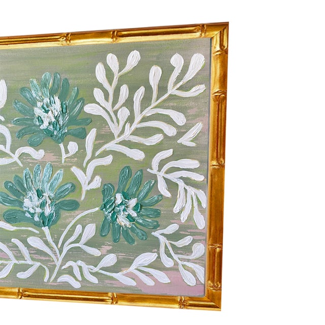 Original Framed Peony Garden Painting Green Floral Wall Art Acrylic Oil on Canvas in Gold Bamboo Frame, 16x20 Botanical Boho Home Decor For Sale - Image 4 of 4