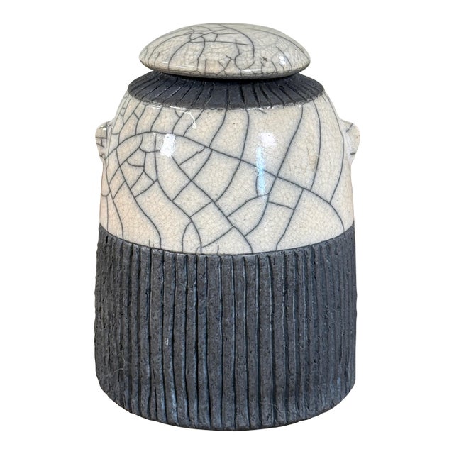 Vintage Studio Ceramic Raku Lidded Jar W/ Black and White Crackle Glaze by Mike Bose For Sale