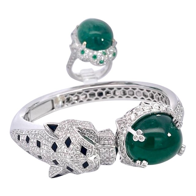 Emerald Diamond Onyx Panthere Bracelet With Large Cabochon Emerald 29.78 CTS For Sale