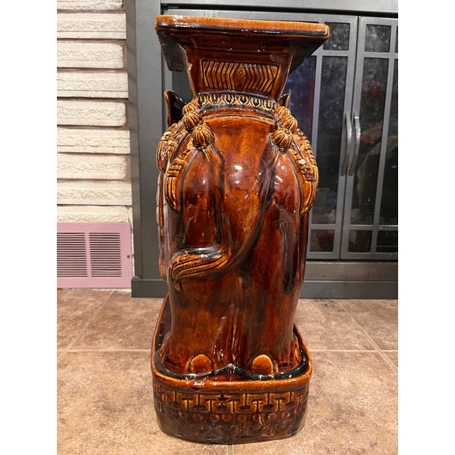 Brown Vintage Brown Glazed Ceramic Elephant Garden Stool or Side Table (Single) For Sale - Image 8 of 12