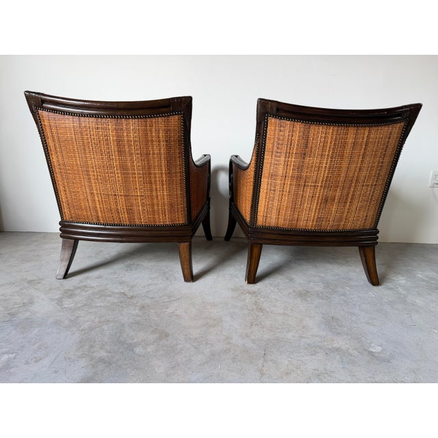 1980s Palecek Coastal Organic Rattan & Cane Lounge Armchairs With Leather-Wrapped Details – Pair For Sale - Image 5 of 12