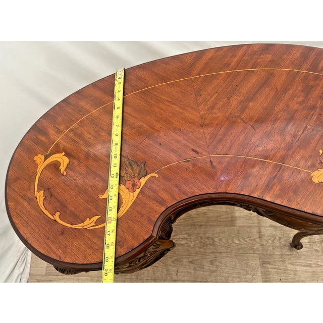 Vintage French Desk Kidney Shaped Vanity Three Carved Drawers Inlays Petite Size For Sale - Image 12 of 13