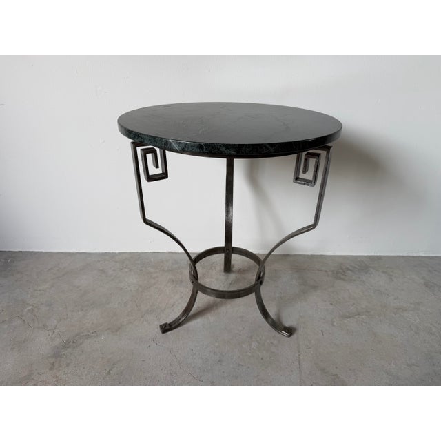 Vintage Art Deco Style Hand-Wrought Iron & Green Marble Side Table With Greek Key Motifs For Sale In Miami - Image 6 of 12