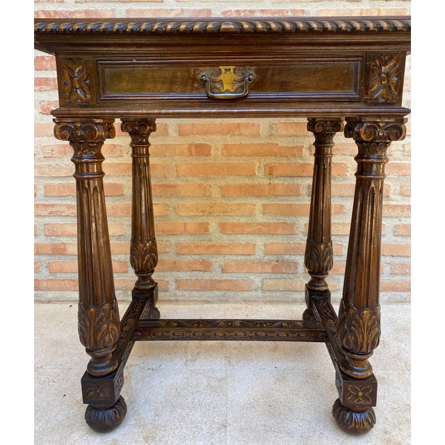 1940s Early 20th Century Spanish Carved Walnut Side Table with One Drawer, 1940s For Sale - Image 5 of 14