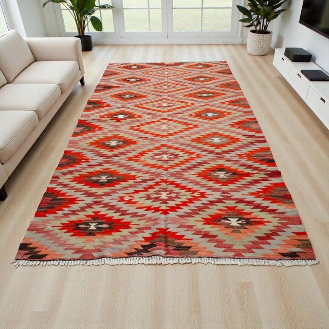 Rustic Handwoven Turkish Rug Diamond Pattern Kilim Rug - 5'5" X 10'1" For Sale - Image 3 of 12