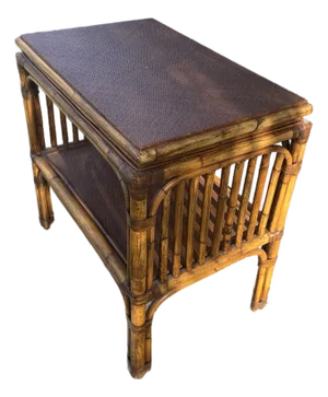 Bamboo Table . Mid Century Modern Bamboo Table. Bamboo and Rattan Table With Woven Top Detail and Shelf