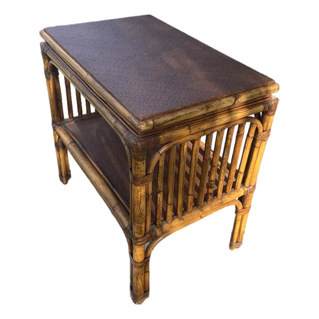 Maison Mid Century Modern Bamboo Table. Bamboo and Rattan Table With Woven Top Detail and Shelf For Sale