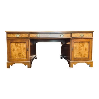 George II Style Burl Walnut Leather Top Partners Desk For Sale