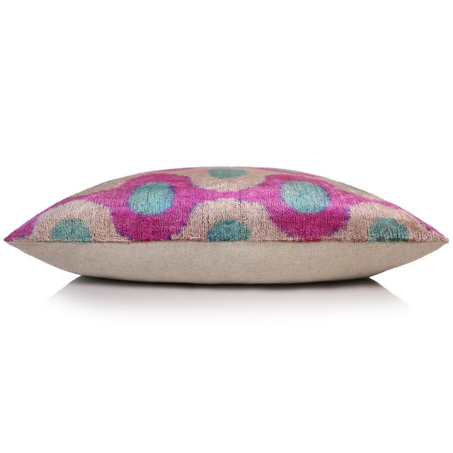 Mid-Century Modern Pink and Aqua Circle Silk Velvet Pillow 16x24 Handmade Luxury Cushion For Sale - Image 3 of 8
