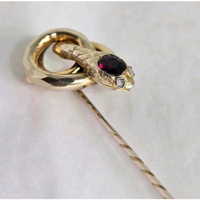 Antique Victorian 9ct Gold Garnet and Diamond Serpent Stickpin, 1890s For Sale - Image 10 of 16