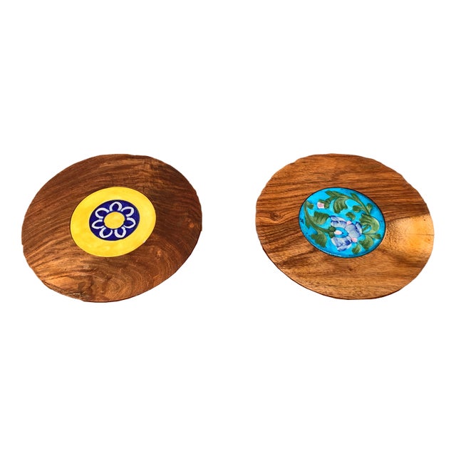 Mid-Century Wooden and Ceramic Plates, 1960s, Set of 2 For Sale