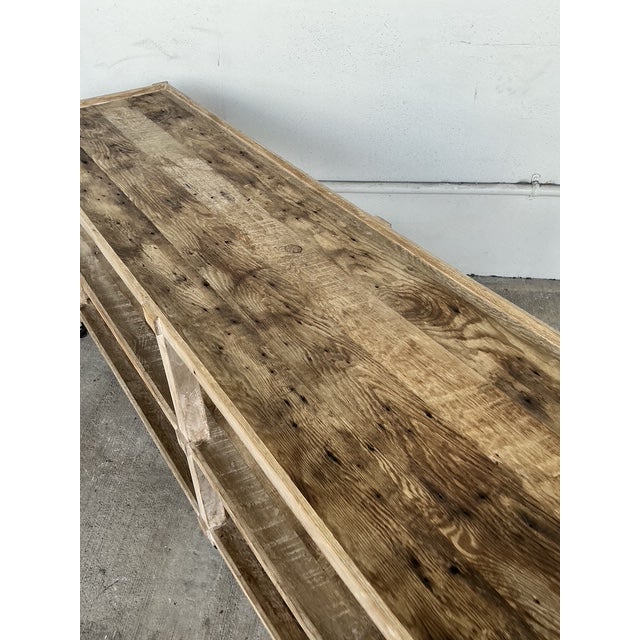Vintage Rustic Plank Wood Three Tier Console on Casters For Sale - Image 9 of 12