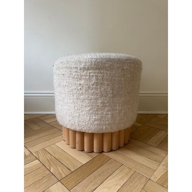 Mid-Century Modern Handcrafted Oak Ottoman With Bouclé Upholstery For Sale - Image 3 of 5