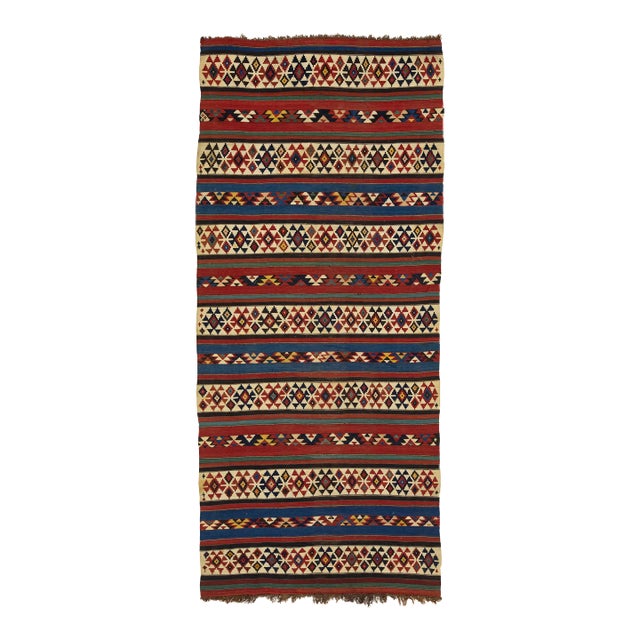 Geometric Designed Vintage Turkish Kilim Wool Rug For Sale
