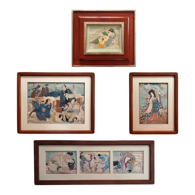 Collection of Framed Antique Japanese Woodblocks Prints - Set of 4 For Sale