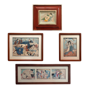 Collection of Framed Antique Japanese Woodblocks Prints - Set of 4
