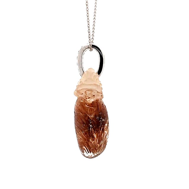 Carved Mythical Creature Motif, 21.15 Rutilated Quartz and Diamond Platinum Pendant - Fei Liu For Sale - Image 4 of 6