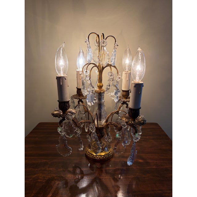 Antique French Dore Bronze & Crystal Girandole Candelabra Lamps - a Pair For Sale - Image 11 of 13