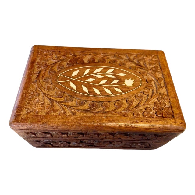 VTG Hand-Carved Rosewood Sheesham Wood Trinket/Jewelry Box 6" X 4" X 2.5" India For Sale