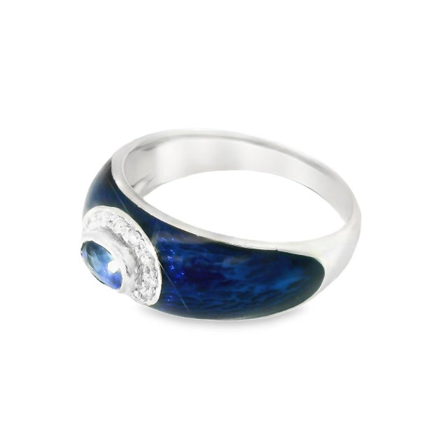 Art Deco Late 20th Century 18K White Gold Hidalgo Enamel Diamond Sapphire Ring Band Authentic For Sale - Image 3 of 3