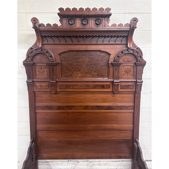 Antique Full Size C 1870-1890 Victorian Eastlake Monumental High Back Walnut Bed For Sale - Image 9 of 11