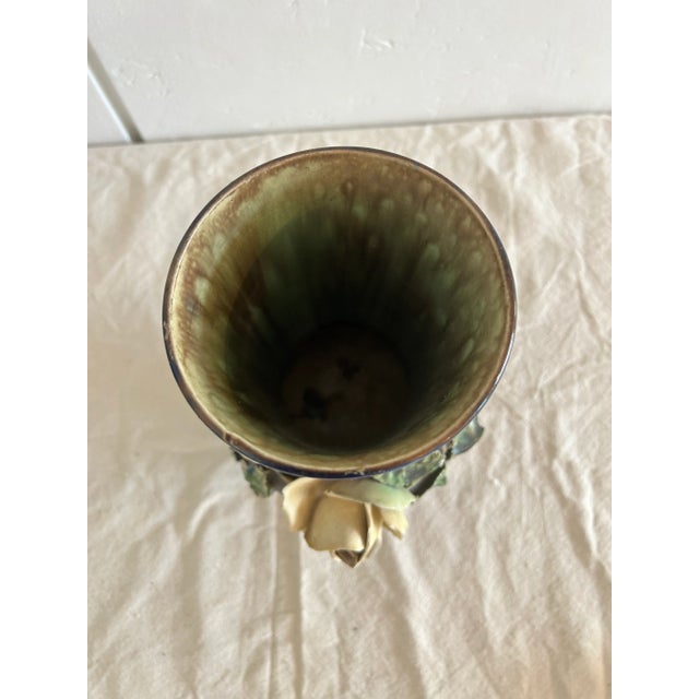 Ceramic Antique French Barbotine Majolica Vase Applied Rose Vase For Sale - Image 7 of 9