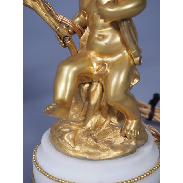 Pair of Refined C. 1850 Louis XVI Style Gilt Bronze and Marble Candelabra Lamps For Sale - Image 12 of 18