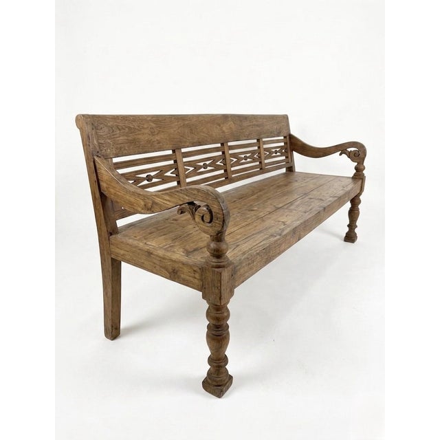 Mediterranean Vintage Mediterranean Hand-Carved Teak Garden Bench For Sale - Image 3 of 9