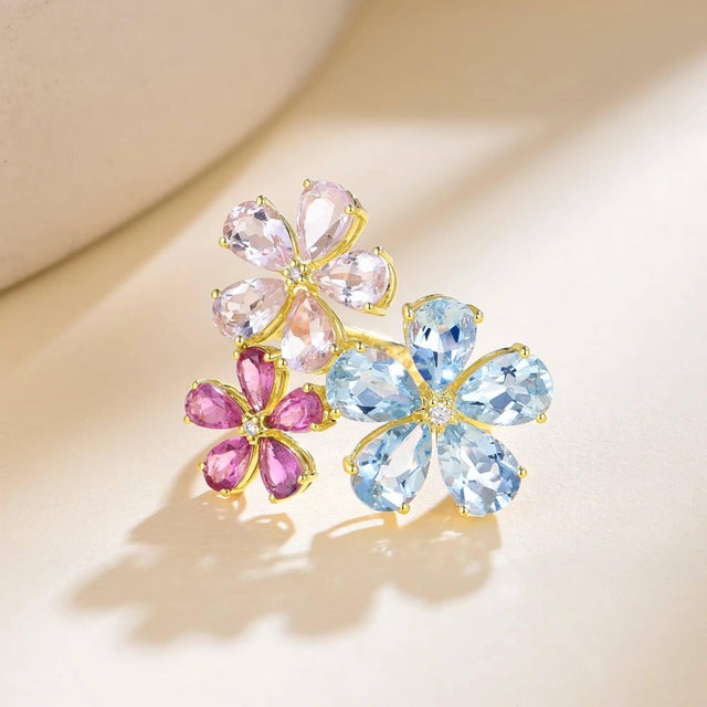 Contemporary Nina Zhou 6.46ctw Aquamarine, Morganite, Pink Tourmaline & Diamond Flower Cocktail Ring (All Sizes Available) For Sale - Image 3 of 8