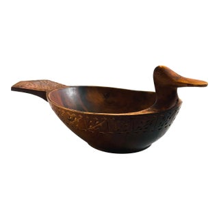 Carved Wood Folk Art Bird Bowl For Sale