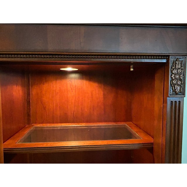 Traditional Ethan Allen Ashton Curio Cabinet With Carved Details, Sliding Glass Doors & Interior Lighting For Sale - Image 3 of 7