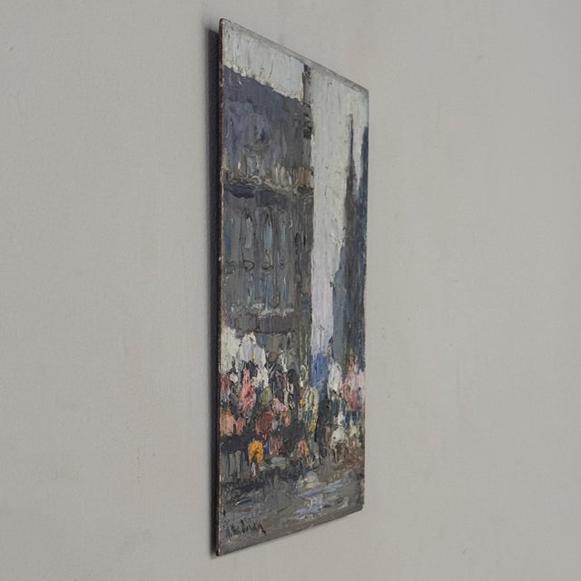 Cerulean Antique Signed Oil Painting on Board 'Brussels Flower Market on the Grand Place' For Sale - Image 8 of 17