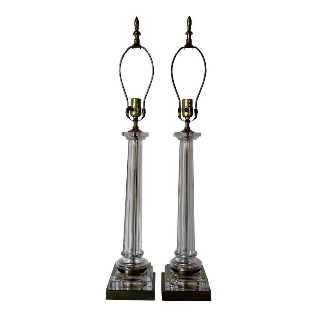 1980’s Chapman Neoclassical-Style Column Glass and Brass Table Lamps – A Pair For Sale