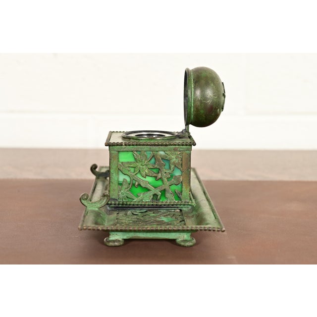 Apollo Studios New York Arts & Crafts Grapevine Pattern Bronze and Slag Glass Inkwell With Pen Holder For Sale - Image 9 of 14
