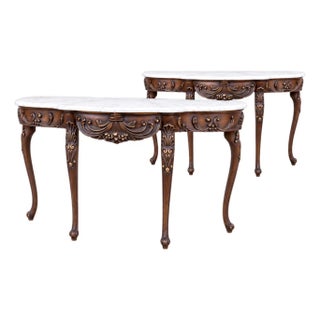 Italian French Louis XV Style Carved Mahogany & Marble Top Demilune Console Tables - Pair For Sale