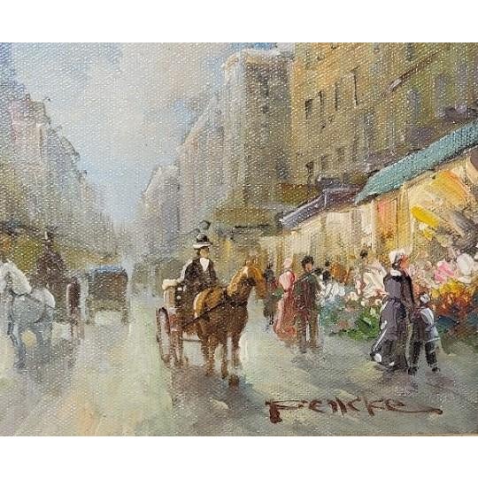 Impressionist Mid 20th Century Paris Flower Market During the City's Belle Epoque Original Oil on Canvas by T E Pencke For Sale - Image 3 of 5